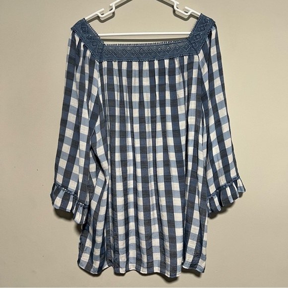 Robert Louis Plus Size Womens Size 3X Blouse Checkered Lace Neckline Boho Top - Picture 5 of 8